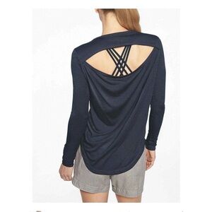 💙Athleta breezy cut out back, long sleeve shirt, navy blue, sheer fabric, small